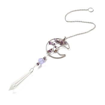 Amethyst Pendant Decoration, Hanging Suncatcher, with Stainless Steel Rings and Moon Alloy Frame, Bullet, Purple, 407x2mm, Hole: 10mm