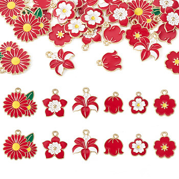 30Pcs 6 Styles Alloy and Enamel Pendants, Flower Charms, Light Gold, Red, 14.5~20x13~22x1~2mm, Hole: 1.5~1.8mm, 5pcs/style
