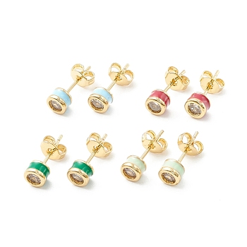Column Cubic Zirconia Stud Earrings with Enamel, Real 18K Gold Plated Brass Earrings for Women, Cadmium Free & Nickel Free & Lead Free, Mixed Color, 14.5x5mm, Pin: 0.6mm
