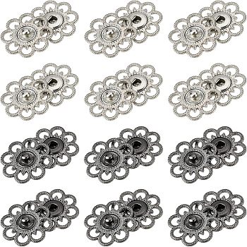 20 Sets 2 Colors Hollow Alloy Snap Buttons, Sewing Accessories, Flower, Gunmetal & Platinum, 25mm, 10sets/color