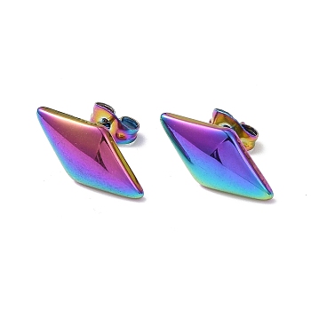 Ion Plating(IP) 304 Stainless Steel Stud Earring for Women, Rhombus, Rainbow Color, 17.5x9mm, Pin: 0.8mm