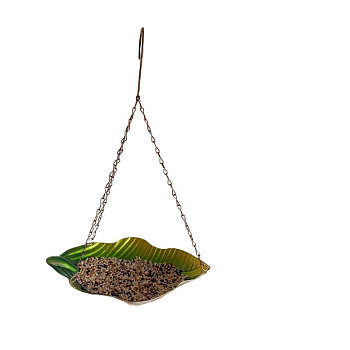 Banana Leaf Iron Bird Hanging Feeder Tray, Outdoor Bird Feeder, Garden Branch Decoration Container, Yellow Green, 370x255x175mm