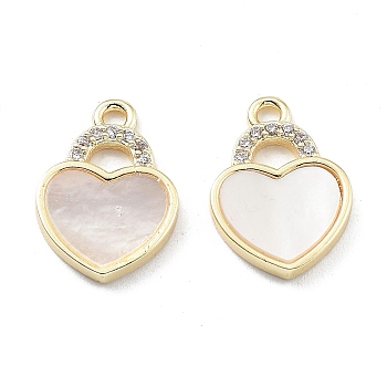 Valentine’s Day Brass Micro Pave Clear Cubic Zirconia Pendants, with Shell, Heart, Real 18K Gold Plated, 14x10x2mm, Hole: 1.4mm