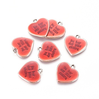 Tibetan Style Alloy Enamel Pendants, Heart with Word, Red, Light Gold, 18.5x17.5x2mm, Hole: 2mm
