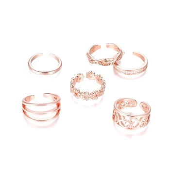 Brass Cuff Toe Rings, Stackable Rings, Mixed Style, Rose Gold, US Size 1 3/4~3(13~14mm), 6pcs/set