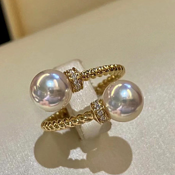 Brass Micro Pave Clear Cubic Zirconia Cuff Rings for Women, with Plastic Pearl Round Beads, Golden, Inner Diameter: Adjustable