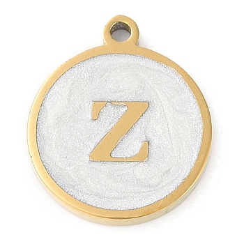 Ion Plating(IP) 201 Stainless Steel Pendants, with White Enamel, Real 18K Gold Plated, Flat Round with Letter, Letter Z, 18.5x15.5x2mm, Hole: 1.6mm