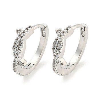 Brass Micro Pave Clear Cubic Zirconia Hoop Earrings for Women, Real Platinum Plated, 13.5x3.5mm