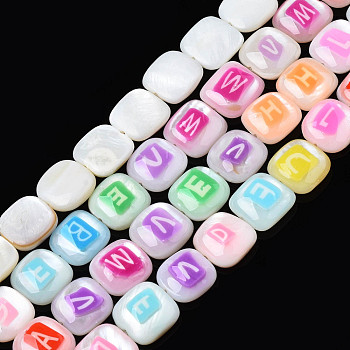 Natural Freshwater Shell Enamel Beads, Square with Alphabet, Mixed Color, 9.5~10.5x9.5~10.5x3~4mm, Hole: 0.7mm, about 37pcs/strand, 14.25 inch~14.45 inch(36.2~36.7cm)