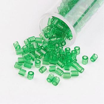 11/0 Two Cut Round Hole Glass Seed Beads, Hexagon, Transparent Colours, Green, 2x2mm, Hole: 0.5mm, about 41000pcs/pound