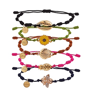 Natural Shell & Flower & Pinapple & Shell & Bee Link Bracelets Set, Braided Knot Lucky Bracelets with Tiny Love Charm for Women, Mixed Color, Inner Diameter: 1-3/4~3-5/8 inch(4.3~9.1cm), 5pcs/set
