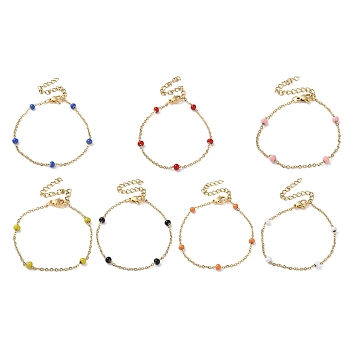 Vacuum Plating Golden 304 Stainless Steel Cable Chain Bracelet with Enamel Rondelle Beaded, Satellite Chains Bracelet, Mixed Color, 6-1/4 inch(16cm)
