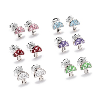 Brass Micro Pave Clear Cubic Zirconia Stud Earrings, with Enamel and Ear Nuts, Mushroom, Platinum, Mixed Color, 9x8.5x3mm, Pin: 1mm