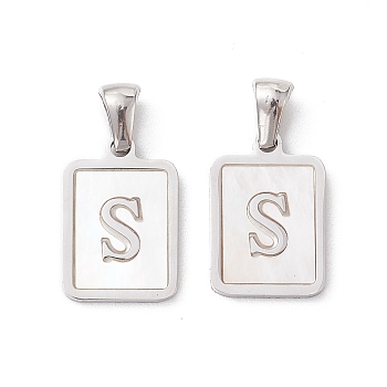 304 Stainless Steel Pave Shell Pendants, Rectangle Charm, Stainless Steel Color, Letter S, 17.5x12x1.5mm, Hole: 3x5mm
