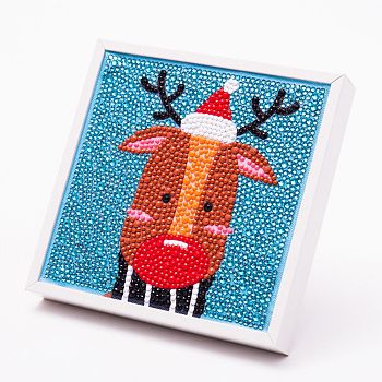 DIY Christmas Theme Diamond Painting Kits For Kids, Reindeer Pattern Photo Frame Making, with Resin Rhinestones, Pen, Tray Plate and Glue Clay, Mixed Color, 15x15x2cm