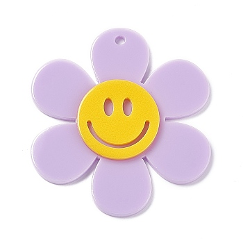 Opaque Acrylic Big Pendants, Sunflower with Smiling Face Charm, Lilac, 55x50.5x5mm, Hole: 2.5mm