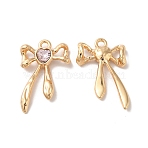 Rack Plating Alloy Charms, with Glass, Nickel Free, Bowknot with Heart Charms, Golden, Pink, 25x16x3.5mm, Hole: 1.8mm(PALLOY-O106-10G-01)