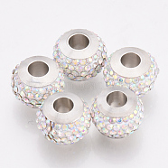 Polymer Clay Rhinestones European Beads, Large Hole Beads, with Platinum Tone Brass Single Cores, Rondelle, Crystal AB, 13x10mm, Hole: 4.5mm(FPDL-T001-01A)