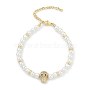 Rack Plating Brass Micro Pave Cubic Zirconia Charm Bracelets, with ABS Imitation Pearl Beads, Cadmium Free & Lead Free, Long-Lasting Plated, Real 18K Gold Plated, Skull, Jet, 7-1/4 inch(18.3cm)(BJEW-P341-11G-02)