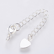 Brass Chain Extender, with Lobster Claw Clasps and Heart Charm, Silver, 68x3mm, Hole: 3mm, Clasp: 10x7x3mm(KK-O106-48A-S)