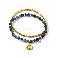 2Pcs 2 Style Natural Lapis Lazuli Beaded Stretch Bracelets Set, Stackable Bracelets with Ion Plating(IP) 304 Stainless Steel Sun Charms, Real 18K Gold Plated, Inner Diameter: 2-1/4~2-1/2 inch(5.7~6.2cm), 1Pc/style(BJEW-K238-09G)