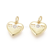 Golden Plated Brass Charms, with Cubic Zirconia and Jump Rings, Heart with Word Mom, for Mother's Day, Clear, 11x11x2mm, Hole: 2.5mm(ZIRC-L087-041G)