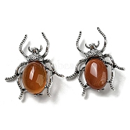 Dual-use Items Alloy Spider Brooch, with Natural Red Agate, Antique Silver, 42x38x12~13mm, Hole: 4.5x4mm(JEWB-C026-03A-AS)