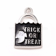 Halloween Alloy Enamel Pendants, Lock with Ghost & Word Trick or Treat Charm, Platinum, 24x15.5x3mm, Hole: 2mm(ENAM-M055-12P)