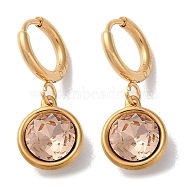 PVD Vacuum Plating 304 Stainless Steel Hoop Earrings, with Rhinestone, Flat Round, Smoked Topaz, 26x10.5mm(EJEW-C106-02G-07)