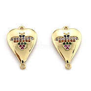 Brass Micro Pave Cubic Zirconia Links, Long-Lasting Plated, Heart with Bee, Real 18K Gold Plated, Colorful, 22x15x2mm, Hole: 1.2mm(ZIRC-O043-23A-G)