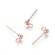 304 Stainless Steel Ball Stud Earring Post, Earring Findings, with Loop, Round, Rose Gold, 14x3mm, Hole: 2mm, Pin: 0.8mm, Round: 3mm(STAS-H410-10RG)