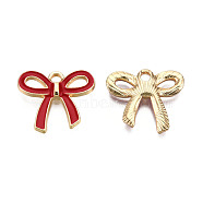 Light Gold Plated Alloy Pendants, with Enamel, Bowknot, Red, 16x18x2.5mm, Hole: 2mm(ENAM-T009-40B)