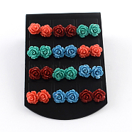 Synthetical Coral Flower Ear Studs, Mixed Color, 10x10mm, Pin: 0.8mm, 12pairs/card(EJEW-R102-02)