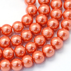 Baking Painted Pearlized Glass Pearl Round Bead Strands, Tomato, 8~9mm, Hole: 1mm, about 100~105pcs/strand, 31.4 inch(HY-Q330-8mm-38)