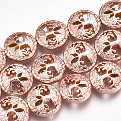 Electroplate Non-magnetic Synthetic Hematite Beads Strands, Flat Round with Tree of Life, Rose Gold Plated, 12~13x4.5mm, Hole: 1mm, about 33pcs/strand, 15.9 inch(G-T061-180RG)