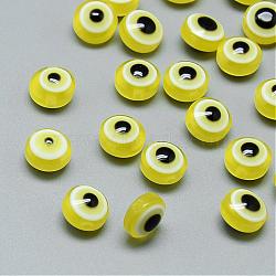 Resin Beads, Flat Round, Evil Eye, Champagne Yellow, 10~11x5~7mm, Hole: 2mm(RESI-S339-7x10-05)