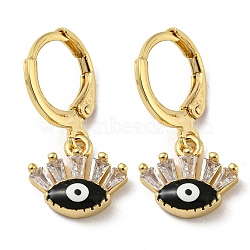 Real 18K Gold Plated Brass Dangle Leverback Earrings, with Enamel and Glass, Evil Eye, Black, 23x11.5mm(EJEW-A033-11G-04)