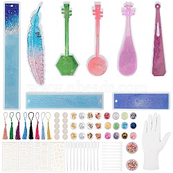 DIY Silicone Bookmark Molds Kit, Resin Casting Molds, with Polyester Tassel Decorations, Nail Art Sequins, UV Gel Nail Art Tinfoil, Handmade Polymer Clay Nail Art Decoration, Mixed Color, 102x32x4mm, Inner: 100x31mm, Hole: 2mm(DIY-OC0003-31)