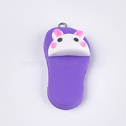 Handmade Polymer Clay Bunny Pendants, with Iron Findings, Slipper with Rabbit, Platinum, Mauve, 42~43x19~20x11~14mm, Hole: 1.5mm(CLAY-S093-04I)