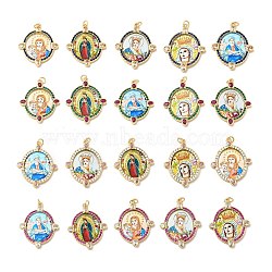 Brass Micro Pave Cubic Zirconia Pendants, with Jump Ring and Glass, Real 18K Gold Plated, Oval with Virgin Mary, Mixed Color, 35x28.5x3mm, Jump Ring: 5x0.8mm, Inner Diameter: 3.4mm(ZIRC-E006-02G-M)