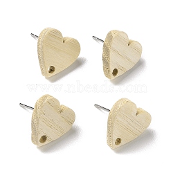 Ash Wood Stud Earring Findings, with 304 Stainless Steel Pin, Heart, 12x12mm, Hole: 1.8mm, Pin: 0.7mm(EJEW-N017-011E)