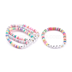 Rainbow Polymer Clay Heishi Beaded Stretch Bracelets for Valentine's Day, Letter Beaded Stackable Bracelets, Smile Face, Word Love, Mixed Color, Inner Diameter: 2-1/4 inch(5.8cm)(BJEW-JB05942)