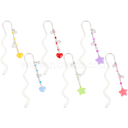 Alloy Hair Stick, with Glass & Acrylic Charm, for Woman Girl, Heart & Star, Mixed Color, 220~226mm, 6pcs/set(OHAR-AB00004)