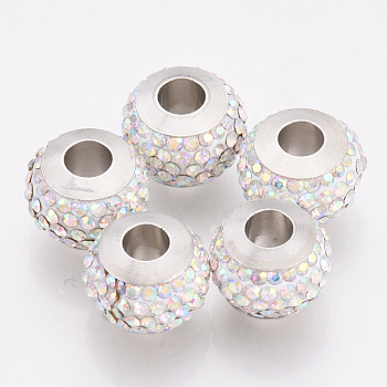 Polymer Clay Rhinestones European Beads, Large Hole Beads, with Platinum Tone Brass Single Cores, Rondelle, Crystal AB, 13x10mm, Hole: 4.5mm