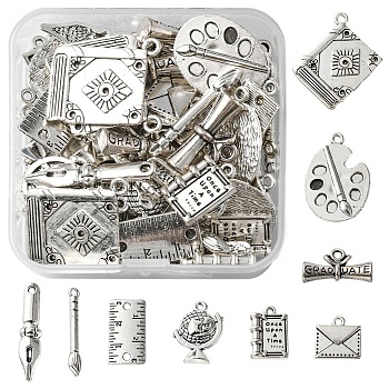 DIY Teachers' Day Theme Jewelry Making Finding Kit, Including 54Pcs 9 Styles Tibetan Style Alloy Pendants & Links Connectors & Pendant Settings, Book & Diploma & Terrestrial Globe, Antique Silver, 13~32x4.5~22x1~6.5mm, Hole: 1.5~2.5mm, 6Pcs/style