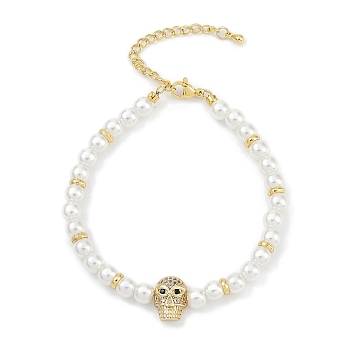 Rack Plating Brass Micro Pave Cubic Zirconia Charm Bracelets, with ABS Imitation Pearl Beads, Cadmium Free & Lead Free, Long-Lasting Plated, Real 18K Gold Plated, Skull, Jet, 7-1/4 inch(18.3cm)