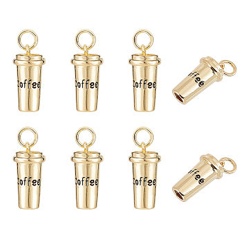 8Pcs Brass Pendants, with Jump Rings, Long-Lasting Plated, Coffee Cup with Word Coffee, Real 18K Gold Plated, 15x7.5mm, Hole: 3mm