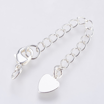 Brass Chain Extender, with Lobster Claw Clasps and Heart Charm, Silver, 68x3mm, Hole: 3mm, Clasp: 10x7x3mm