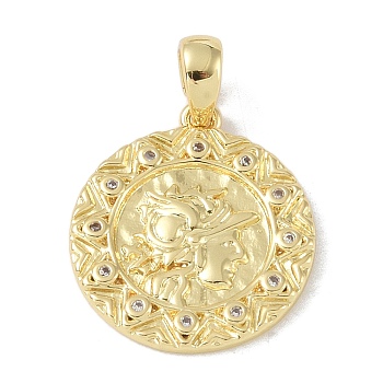 Brass Micro Pave Clear Cubic Zirconia Pendants, Flat Round, Coin Medal, Real 18K Gold Plated, 19.5x17.5x2mm, Hole: 5x3mm