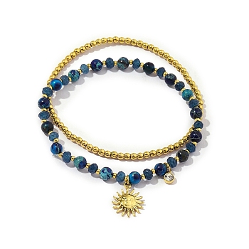 2Pcs 2 Style Natural Lapis Lazuli Beaded Stretch Bracelets Set, Stackable Bracelets with Ion Plating(IP) 304 Stainless Steel Sun Charms, Real 18K Gold Plated, Inner Diameter: 2-1/4~2-1/2 inch(5.7~6.2cm), 1Pc/style